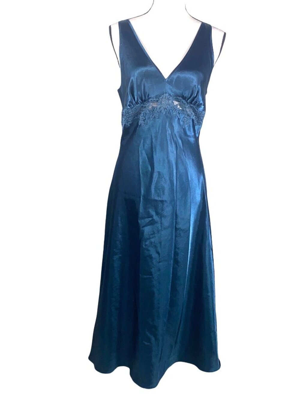 Elegant Teal Satin slip dress Y2K Midi Dress Lace Detail Sleeveless V-neckline